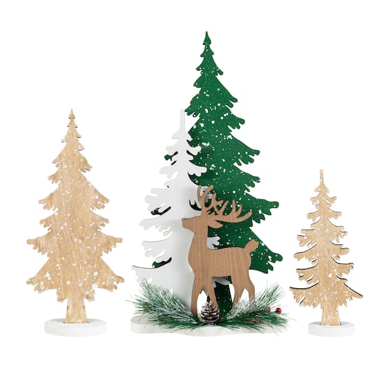 Glitzhome® Set of 3 Wooden Christmas Reindeer & Tree Table Decor